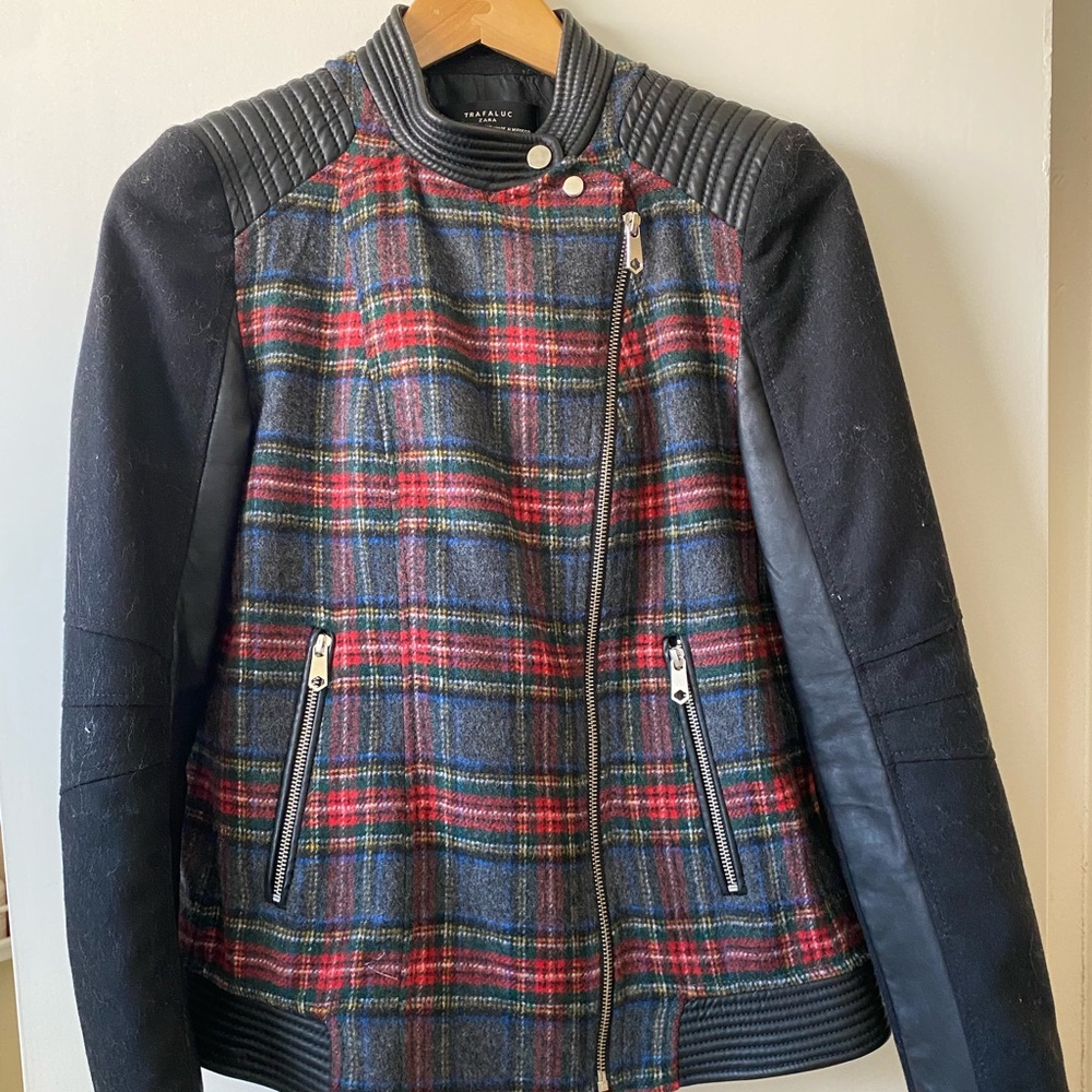 Zara Plaid Faux Leather Moto Jacket - Size Small